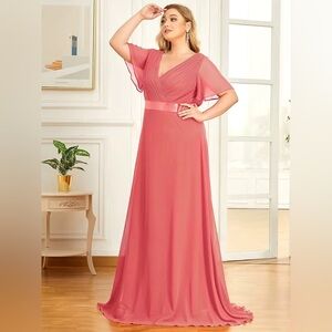 NWT Coral‎ Pink Chiffon Flutter Sleeve V-Neck Floor Length Dress Gown Size 18
